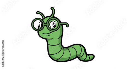 Cute Cartoon Worm Character Wearing Glasses Illustration for Educational Resources and Children's Book Design, perfect for illustrating topics about learning and nature.