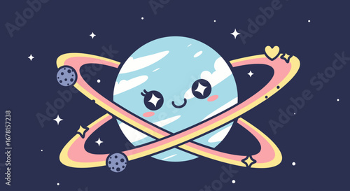 Adorable Cartoon Planet Illustration with Rings and Starry Eyes for Children's Books and Educational Materials Regarding Space Exploration