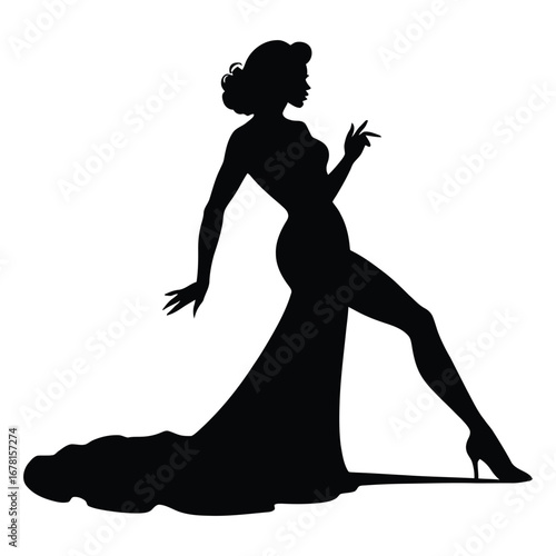 Stylish Drag Queen Silhouette Vector Dancing in Heels, Flowing Gown and Glamorous Hair Style, Dramatic Pose with Afro Wig on White Background