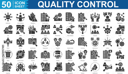 Quality Control Icon Set Collection. satisfaction, self confidence, prevention, quality control, inspection, rejected, management, review, manager icon illustration. editable eps 10
