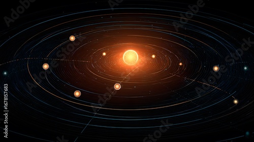 Star surrounded by five glowing planetary orbits highlighting habitable zones.