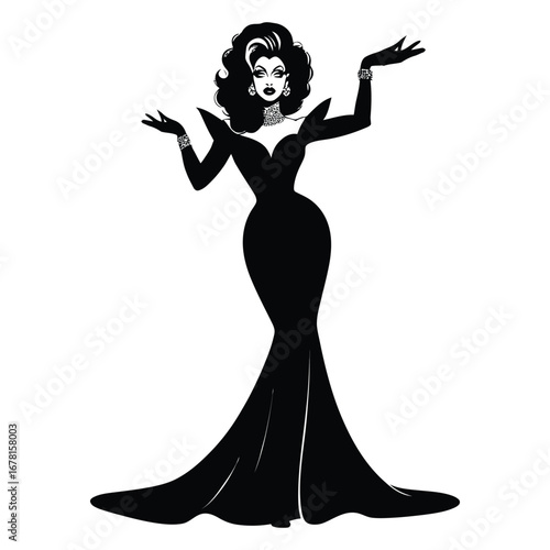 Stylish Drag Queen Silhouette Vector Dancing in Heels, Flowing Gown and Glamorous Hair Style, Dramatic Pose with Afro Wig on White Background