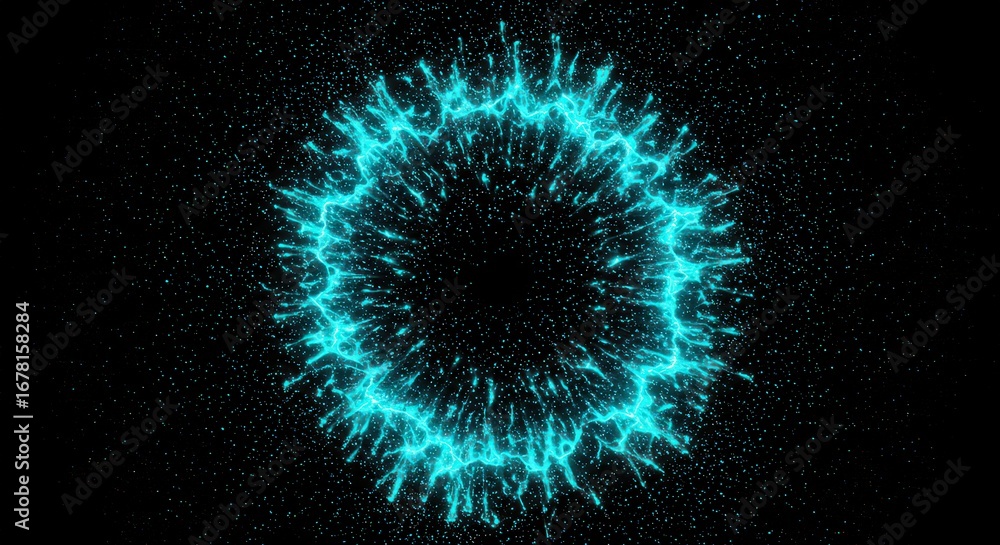 Obraz premium A glowing turquoise ring with jagged edges surrounded by small dots on a black background space scene