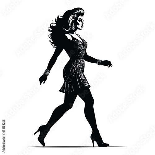Stylish Drag Queen Silhouette Vector Dancing in Heels, Flowing Gown and Glamorous Hair Style, Dramatic Pose with Afro Wig on White Background