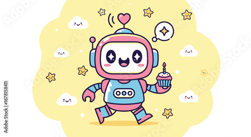 Wallpaper Mural Adorable Cartoon Robot Character Holding a Cupcake, Ideal for Children's Content and Technology-Themed Designs, and Educational Material. Torontodigital.ca