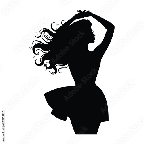 Stylish Drag Queen Silhouette Vector Dancing in Heels, Flowing Gown and Glamorous Hair Style, Dramatic Pose with Afro Wig on White Background