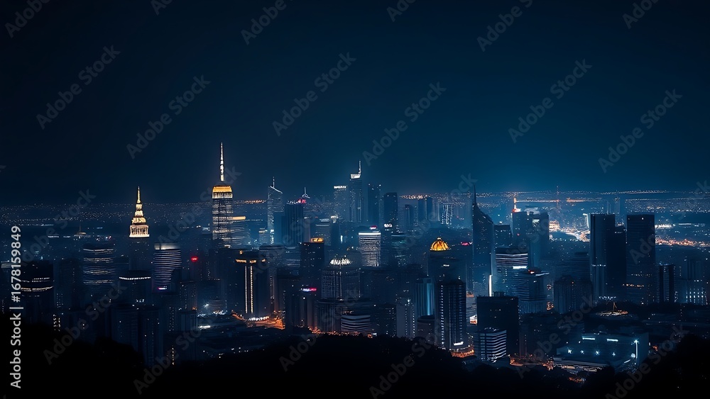 Fototapeta premium A breathtaking urban skyline illuminated by city lights under a gradient night sky.