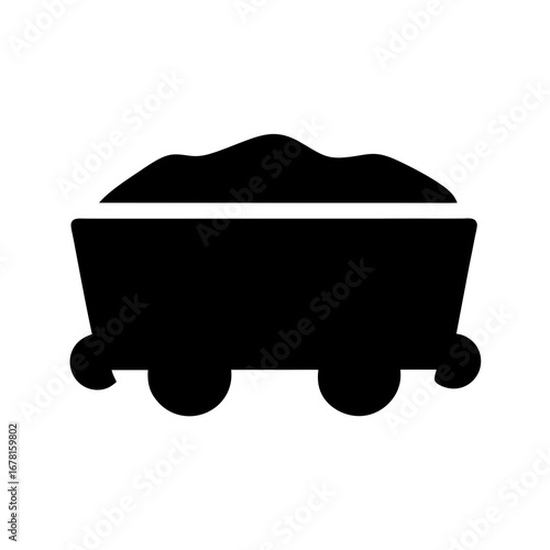 Black and white silhouette of a coal mining cart filled with resources