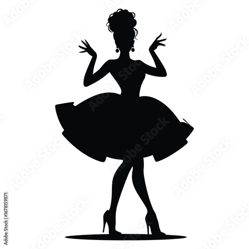 Stylish Drag Queen Silhouette Vector Dancing in Heels, Flowing Gown and Glamorous Hair Style, Dramatic Pose with Afro Wig on White Background