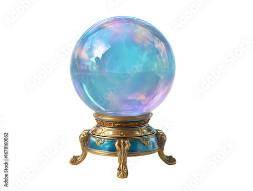 Iridescent crystal ball on ornate stand for fortune telling and predictions art