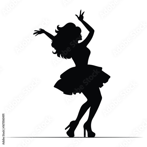 Stylish Drag Queen Silhouette Vector Dancing in Heels, Flowing Gown and Glamorous Hair Style, Dramatic Pose with Afro Wig on White Background