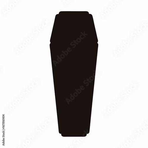A somber black silhouette of a casket or coffin on white background