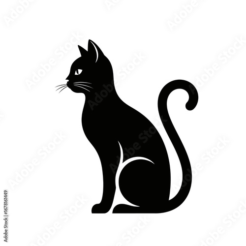 A detailed side profile silhouette of a black cat sitting with a curled tail and attentive gaze.