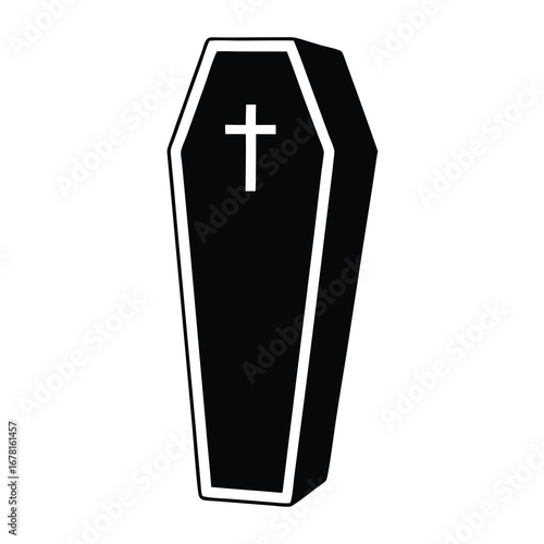 Simple black and white illustration of a coffin with a cross symbol