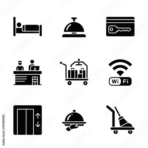 Collection of hotel-related icons, depicting various services and amenities for guests.