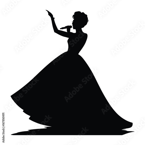 Stylish Drag Queen Silhouette Vector Dancing in Heels, Flowing Gown and Glamorous Hair Style, Dramatic Pose with Afro Wig on White Background