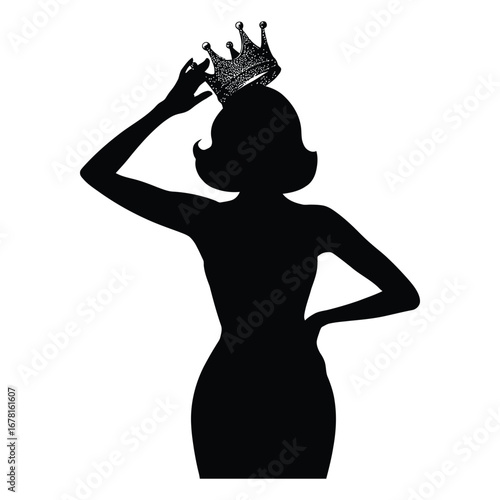 Stylish Drag Queen Silhouette Vector Dancing in Heels, Flowing Gown and Glamorous Hair Style, Dramatic Pose with Afro Wig on White Background