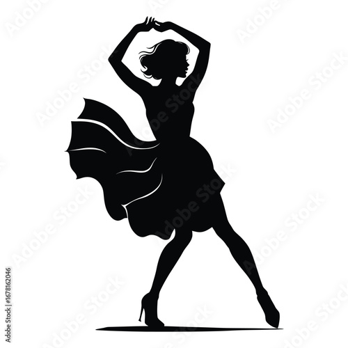 Stylish Drag Queen Silhouette Vector Dancing in Heels, Flowing Gown and Glamorous Hair Style, Dramatic Pose with Afro Wig on White Background