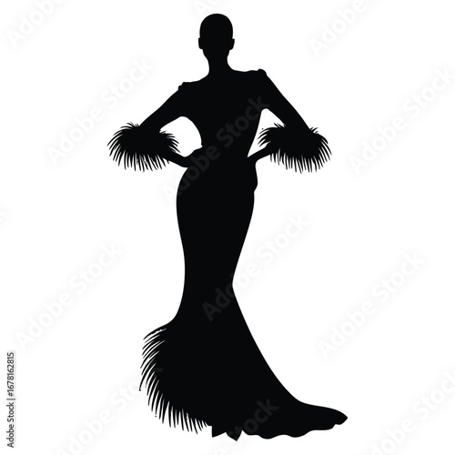 Stylish Drag Queen Silhouette Vector Dancing in Heels, Flowing Gown and Glamorous Hair Style, Dramatic Pose with Afro Wig on White Background