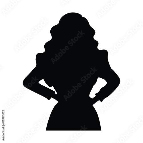 Stylish Drag Queen Silhouette Vector Dancing in Heels, Flowing Gown and Glamorous Hair Style, Dramatic Pose with Afro Wig on White Background