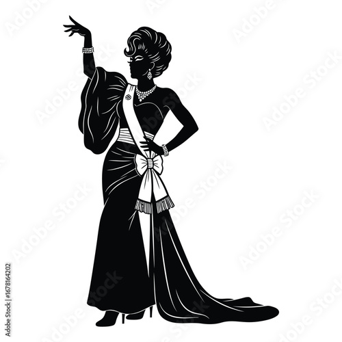 Stylish Drag Queen Silhouette Vector Dancing in Heels, Flowing Gown and Glamorous Hair Style, Dramatic Pose with Afro Wig on White Background