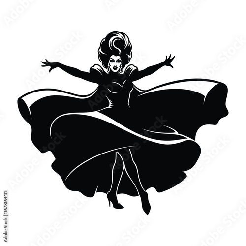 Stylish Drag Queen Silhouette Vector Dancing in Heels, Flowing Gown and Glamorous Hair Style, Dramatic Pose with Afro Wig on White Background