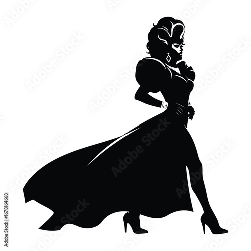 Stylish Drag Queen Silhouette Vector Dancing in Heels, Flowing Gown and Glamorous Hair Style, Dramatic Pose with Afro Wig on White Background