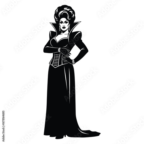 Stylish Drag Queen Silhouette Vector Dancing in Heels, Flowing Gown and Glamorous Hair Style, Dramatic Pose with Afro Wig on White Background