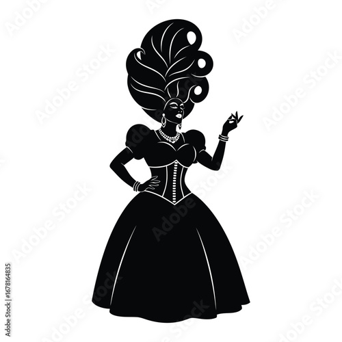 Stylish Drag Queen Silhouette Vector Dancing in Heels, Flowing Gown and Glamorous Hair Style, Dramatic Pose with Afro Wig on White Background