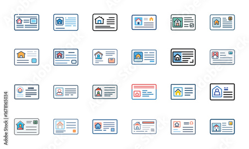 Real Estate and Property Business Icons Set – House Buy Sell, Rent Agreement, Mortgage Loan, Property Contract, Real Estate Agent, Home Insurance, Online Listing, Housing Price, House Key, Architectur