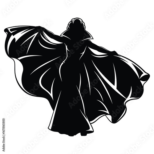 Stylish Drag Queen Silhouette Vector Dancing in Heels, Flowing Gown and Glamorous Hair Style, Dramatic Pose with Afro Wig on White Background