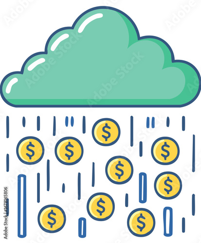 Money rain from a cloud icon raining down dollar coins in a cartoonish style