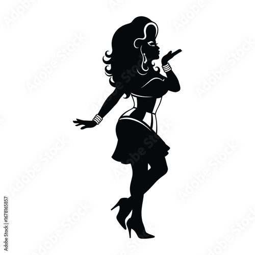Stylish Drag Queen Silhouette Vector Dancing in Heels, Flowing Gown and Glamorous Hair Style, Dramatic Pose with Afro Wig on White Background