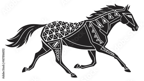 Stylized black horse running with white geometric patterns on its body and flowing tail design element vreated with genrated ai