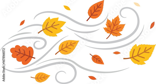 Autumn leaves swirl dynamically in the wind, capturing the essence of fall's vibrant movement