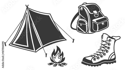 Illustration of camping gear including a tent backpack campfire and hiking boot for outdoor adventures vreated with genrated ai
