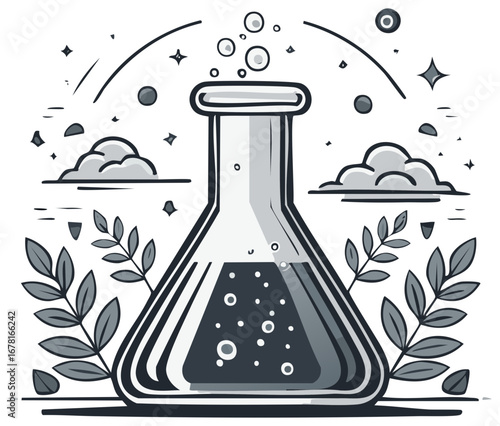 Scientific Illustration of Beaker with Bubbles, Clouds, Stars and Nature Elements