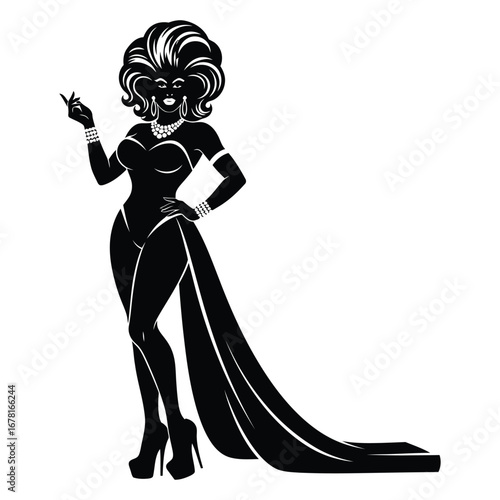 Stylish Drag Queen Silhouette Vector Dancing in Heels, Flowing Gown and Glamorous Hair Style, Dramatic Pose with Afro Wig on White Background