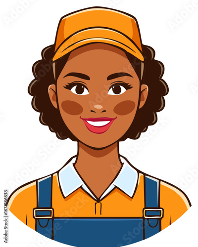 Smiling woman in uniform, wearing an orange cap, looking at the viewer with a cheerful expression