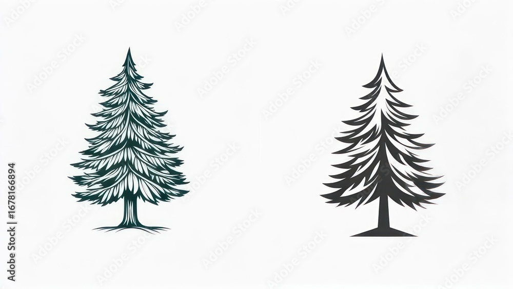 Obraz premium Two Stylized Evergreen Trees: Minimalist Black and Green Silhouettes on White