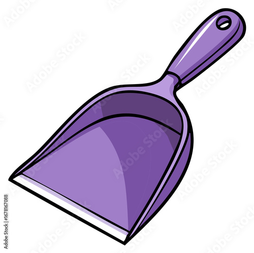 Cartoon depiction of a purple dustpan with handle illustration.
