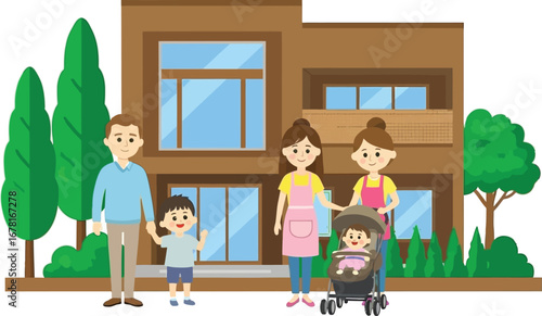 Happy family with kids and baby stroller in front of modern house, creating cherished memories together