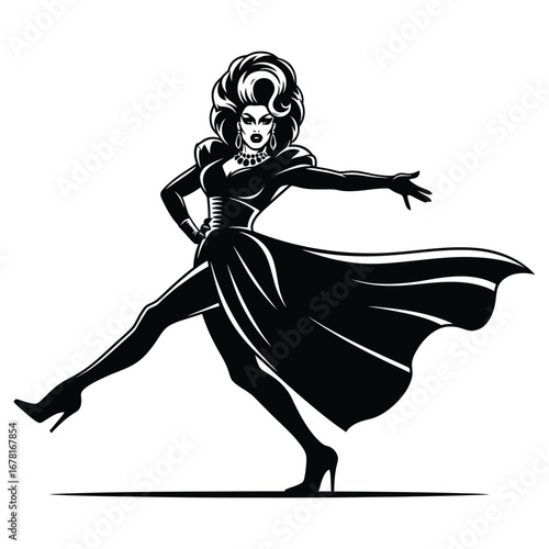 Stylish Drag Queen Silhouette Vector Dancing in Heels, Flowing Gown and Glamorous Hair Style, Dramatic Pose with Afro Wig on White Background