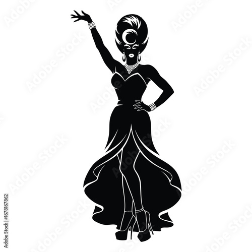 Stylish Drag Queen Silhouette Vector Dancing in Heels, Flowing Gown and Glamorous Hair Style, Dramatic Pose with Afro Wig on White Background