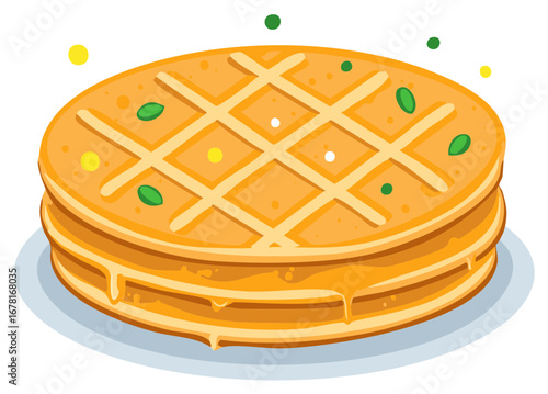 Cartoon waffles stack with syrup isolated on white for breakfast menu, bakery or dessert