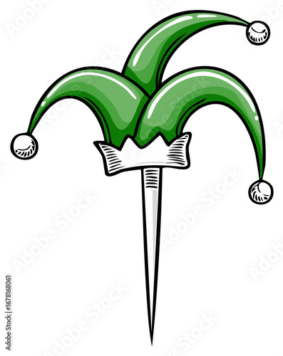Cartoon green jester hat on a pin, with three bells, symbol of clowns or jesters on a long thin nail