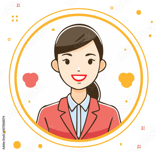 Smiling woman in business attire inside a decorative golden circle, vector illustration.