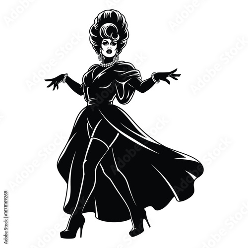 Stylish Drag Queen Silhouette Vector Dancing in Heels, Flowing Gown and Glamorous Hair Style, Dramatic Pose with Afro Wig on White Background