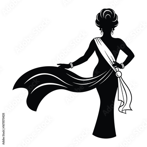 Stylish Drag Queen Silhouette Vector Dancing in Heels, Flowing Gown and Glamorous Hair Style, Dramatic Pose with Afro Wig on White Background