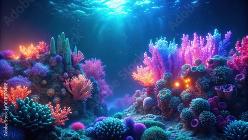 Deep sea coral reef glowing softly under vibrant fluorescent colors with bioluminescent algae